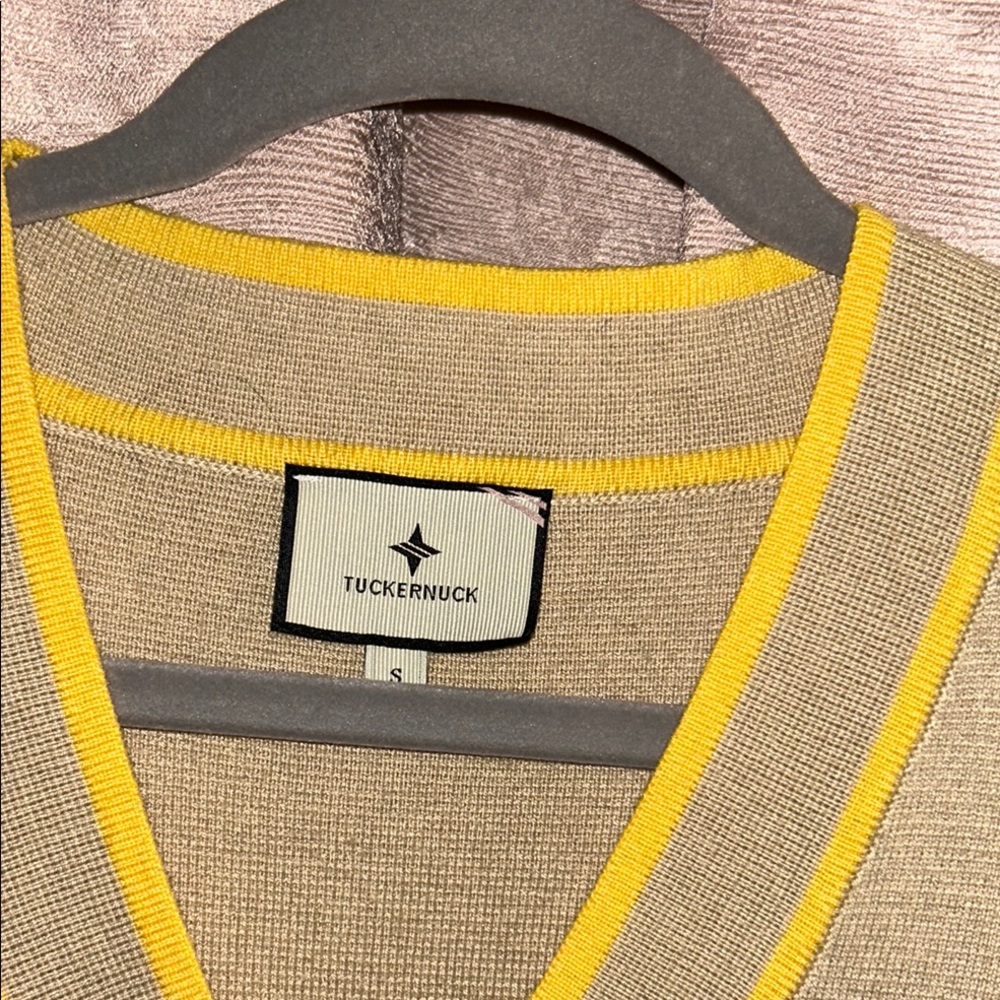 Tuckernuck Size S Yellow and Tan Striped Cardigan V-Neck Sweater - Picture 3 of 15